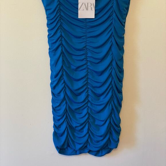 Zara L NWT blue party cocktail little blue dress mini pleated ruched classic - Picture 3 of 7